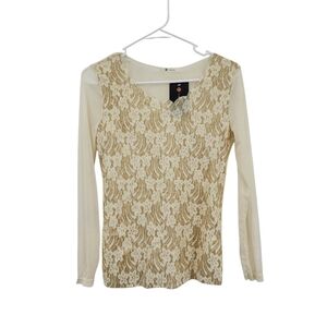 Valentine Women's Vintage Floral Lace Detail Shimmer Sheer Top